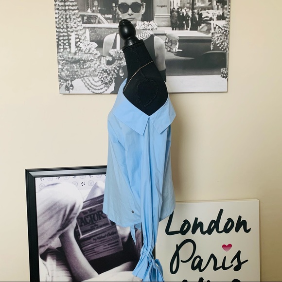 Blue Cold Shoulder Shirt w/ Laced Cuffs - Picture 9 of 11